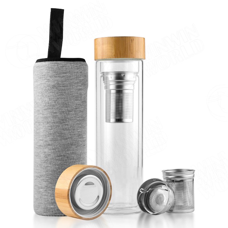 Double Walled Glass Tea Infuser Bottle and Strainer with Bamboo Cover, Durable Stainless Steel, Portable, Great for Tea, Coffee, and Fruit Infused Drinks