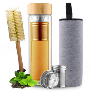 Best BPA-Free Fruit and Tea Infuser Borosilicate Glass Water Bottle with Neoprene Sleeve and Bamboo Lid, Double Mesh Filter, Travel Tumbler 20oz